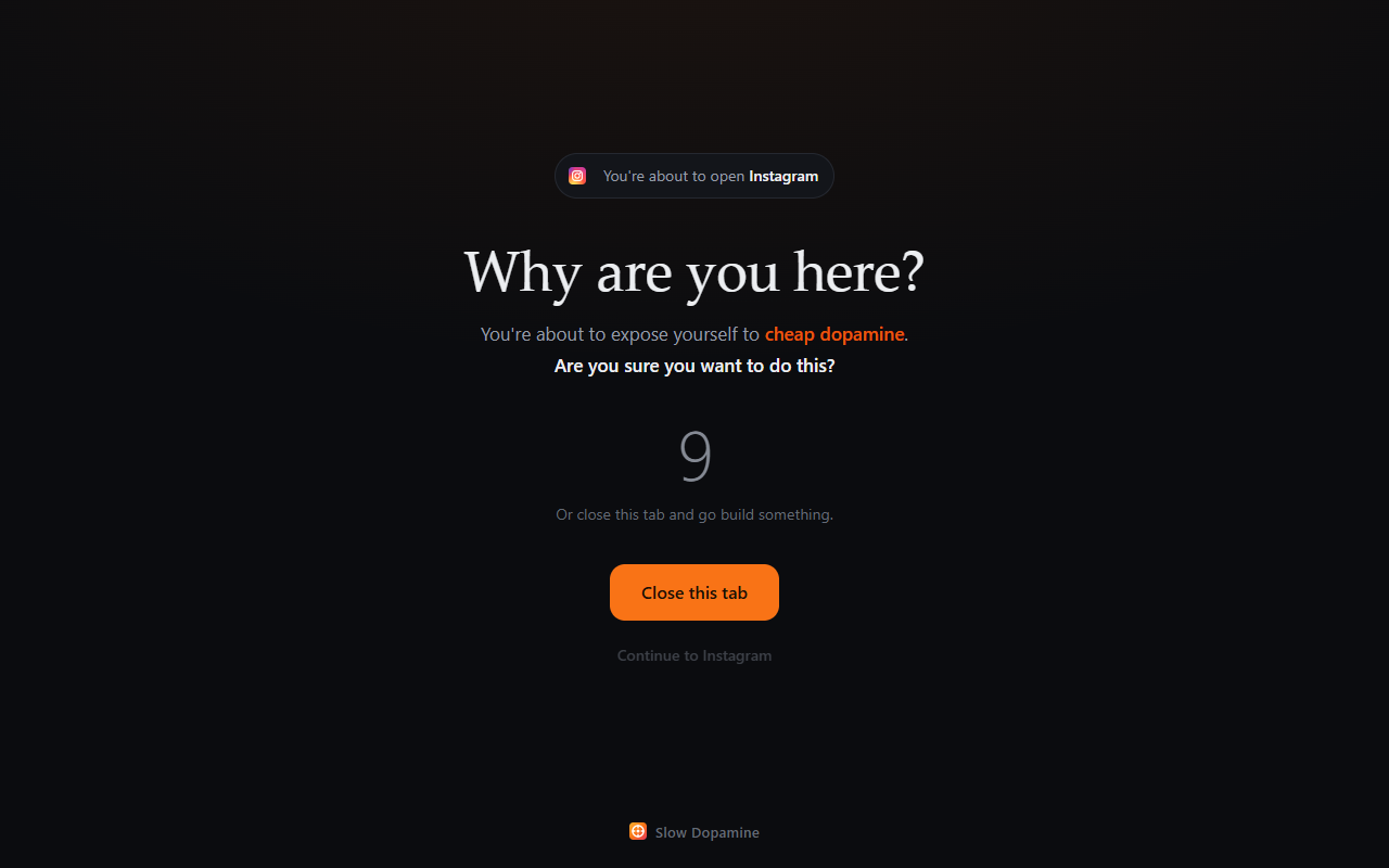 The pause screen asking Why are you here? with a countdown before Instagram opens